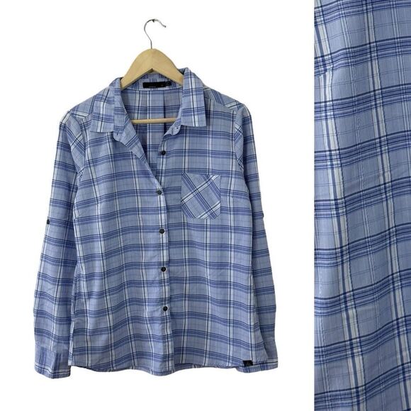 PrAna Medium Button Front Shirt Blue Plaid Roll Tabs Long Sleeve Travel Womens - Picture 1 of 16